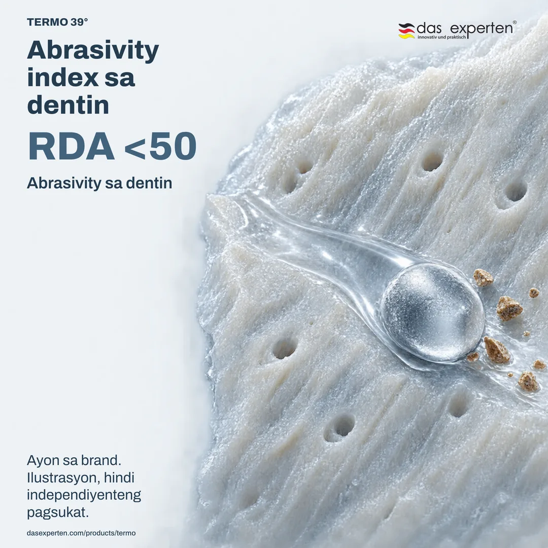 Ilustrasyon ng dentin na may RDA <50: abrasivity index sa dentin ayon sa brand specification