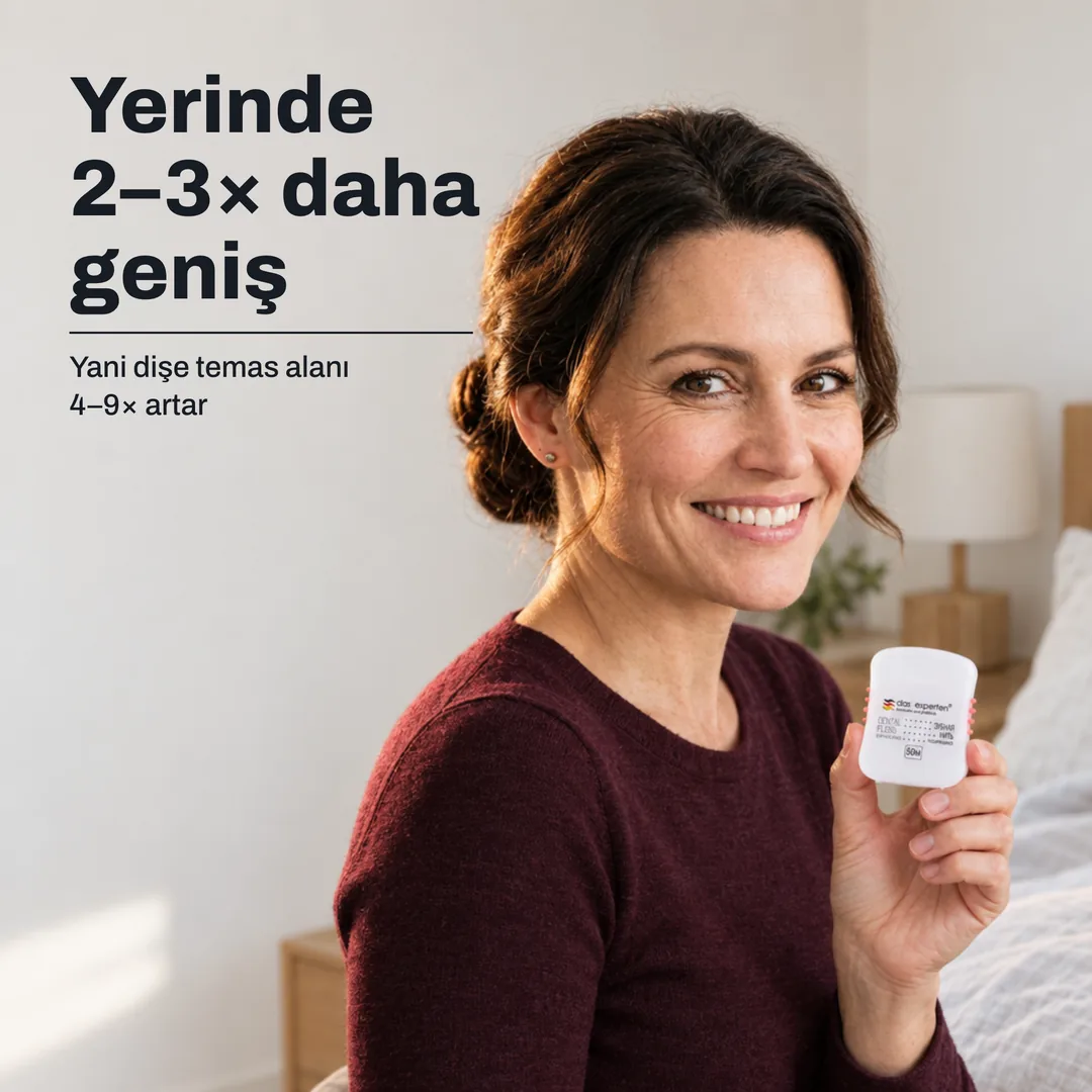 Yerinde 2–3× daha geniş — Yani dişe temas alanı 4–9× artar