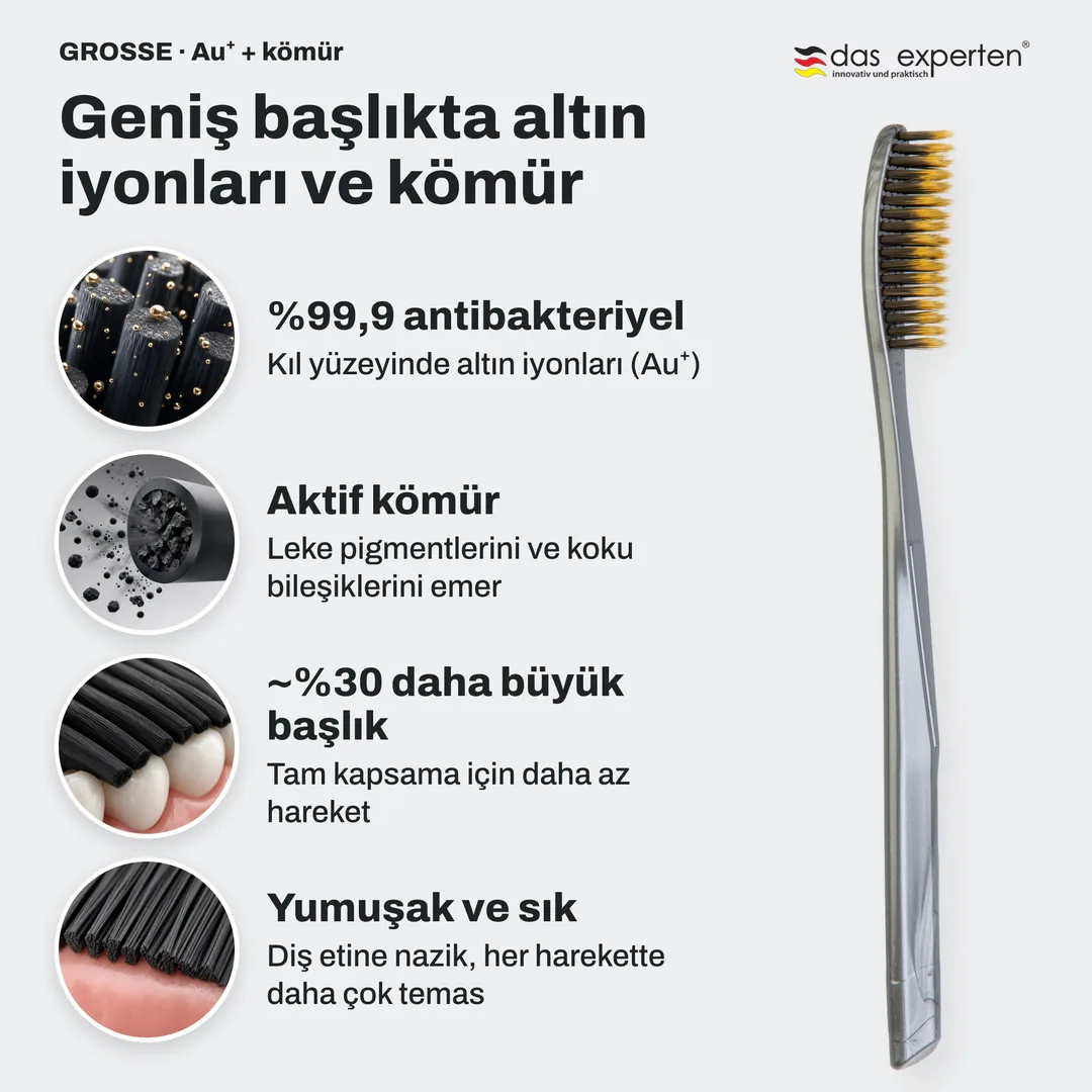Geniş başlıkta altın iyonları ve kömür — %99,9 antibakteriyel; Aktif kömür; ~%30 daha büyük başlık; Yumuşak ve sık