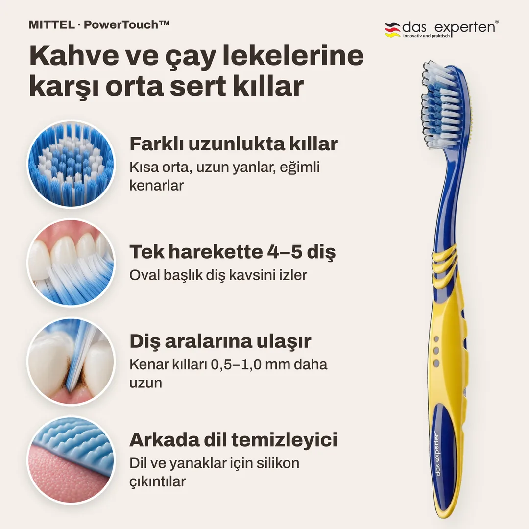 Kahve ve çay lekelerine karşı orta sert kıllar — Farklı uzunlukta kıllar; Tek harekette 4–5 diş; Diş aralarına ulaşır; Arkada dil temizleyici