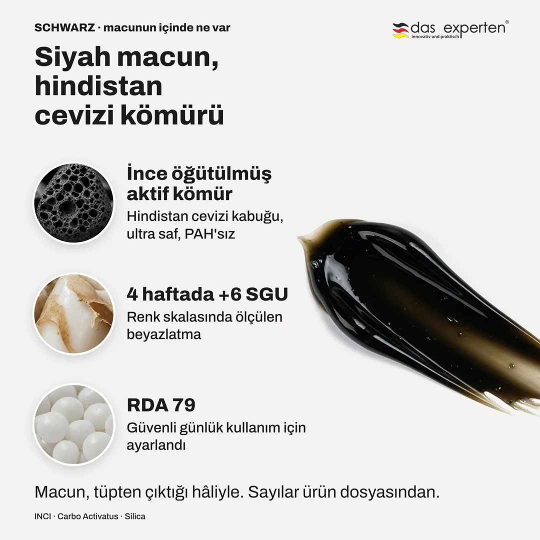 Siyah macun, hindistan cevizi kömürü — İnce öğütülmüş aktif kömür; 4 haftada +6 SGU; RDA 79