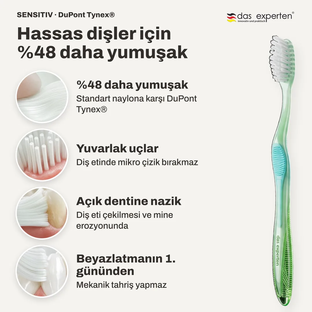 Hassas dişler için %48 daha yumuşak — %48 daha yumuşak; Yuvarlak uçlar; Açık dentine nazik; Beyazlatmanın 1. gününden