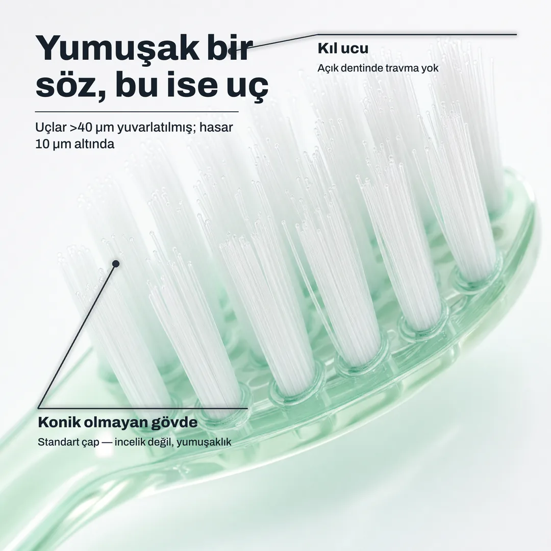 Yumuşak bir söz, bu ise uç — Uçlar >40 μm yuvarlatılmış; hasar 10 μm altında · Kıl ucu: Açık dentinde travma yok · Konik olmayan gövde: Standart çap — incelik değil, yumuşaklık