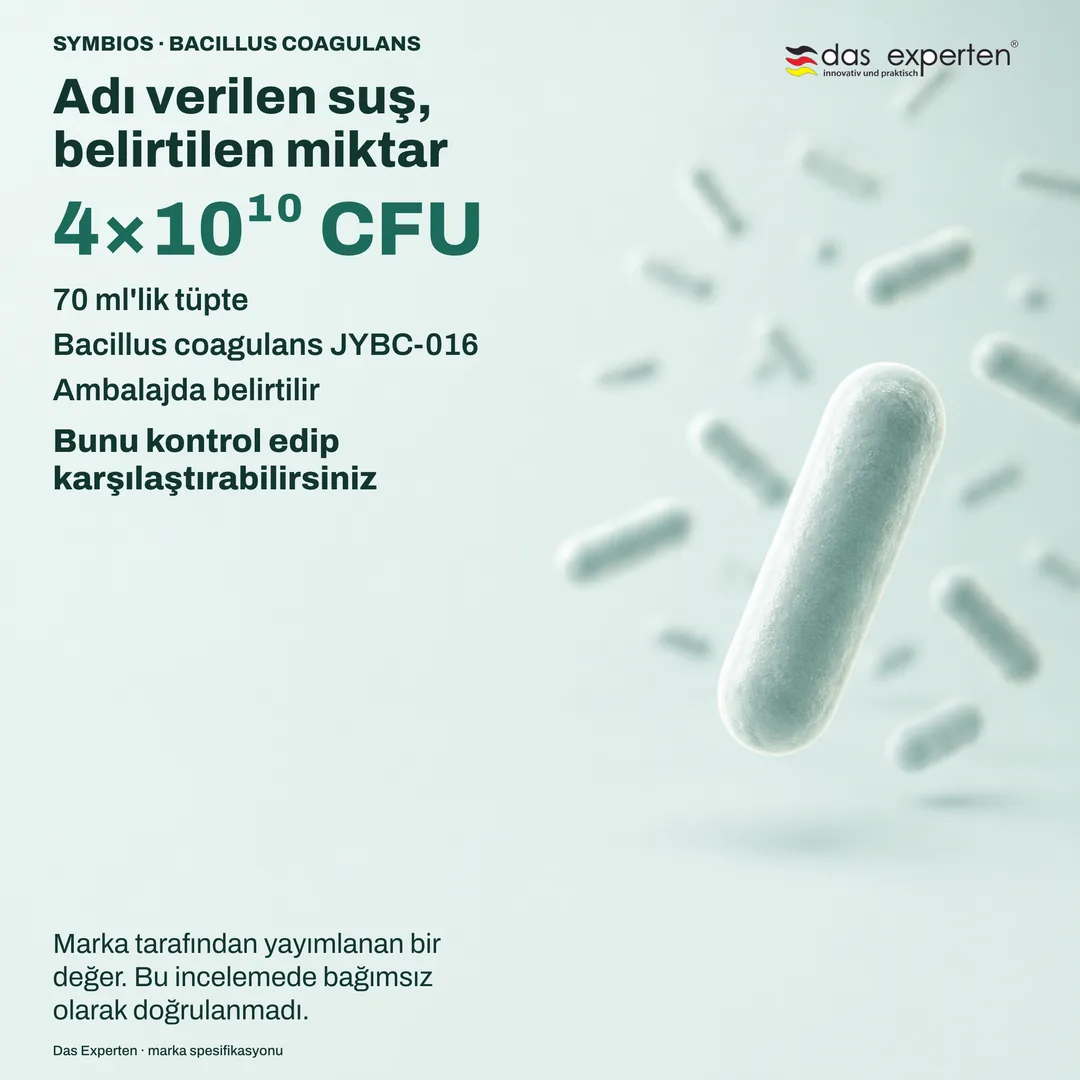 70 ml'lik tüpte 4×10¹⁰ CFU ve Bacillus coagulans JYBC-016 suşunu gösteren temsili spesifikasyon levhası, marka beyanına göre