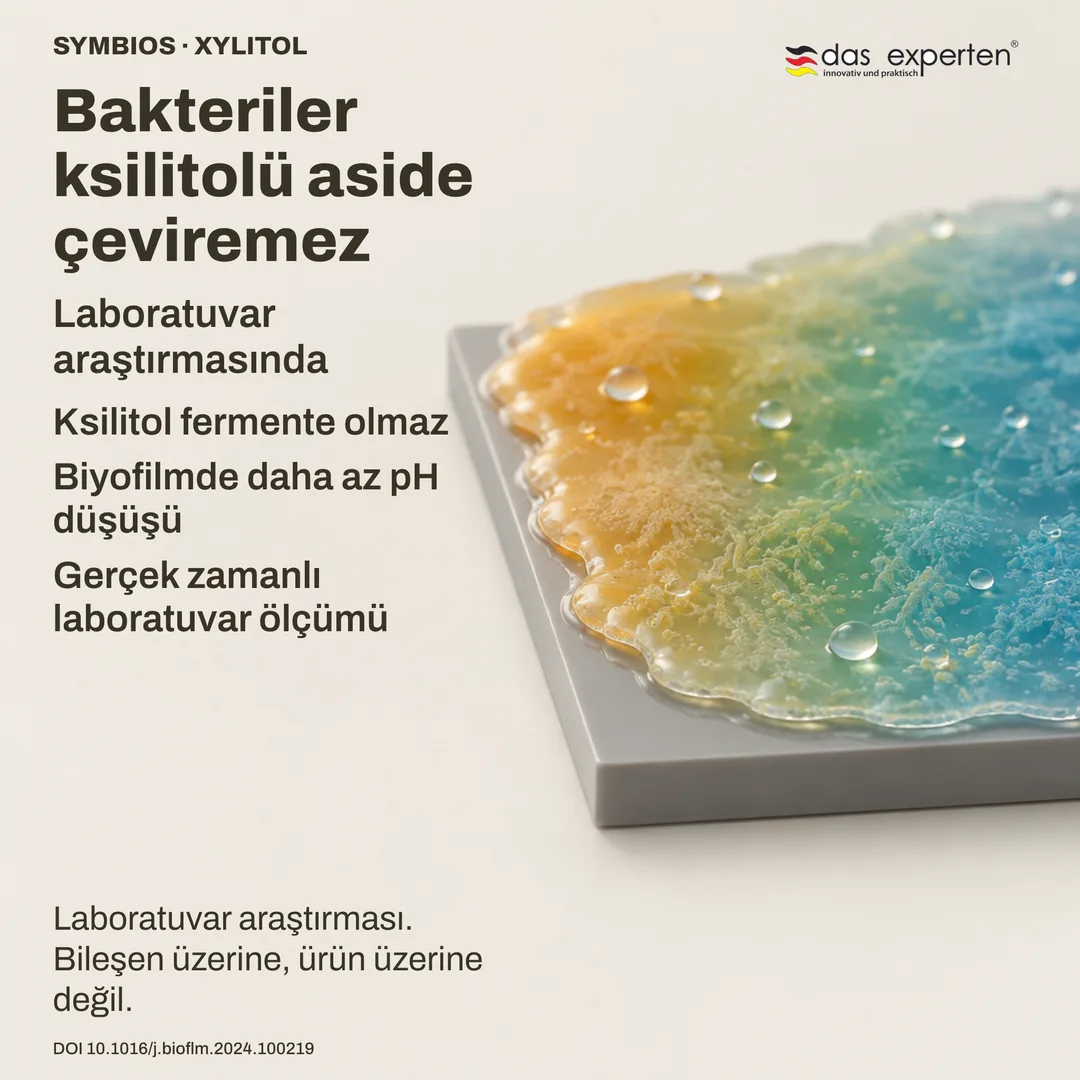 Nötr bir yüzeydeki temsili biyofilmde ksilitol varken pH daha az düşüyor — bir laboratuvar ölçümü