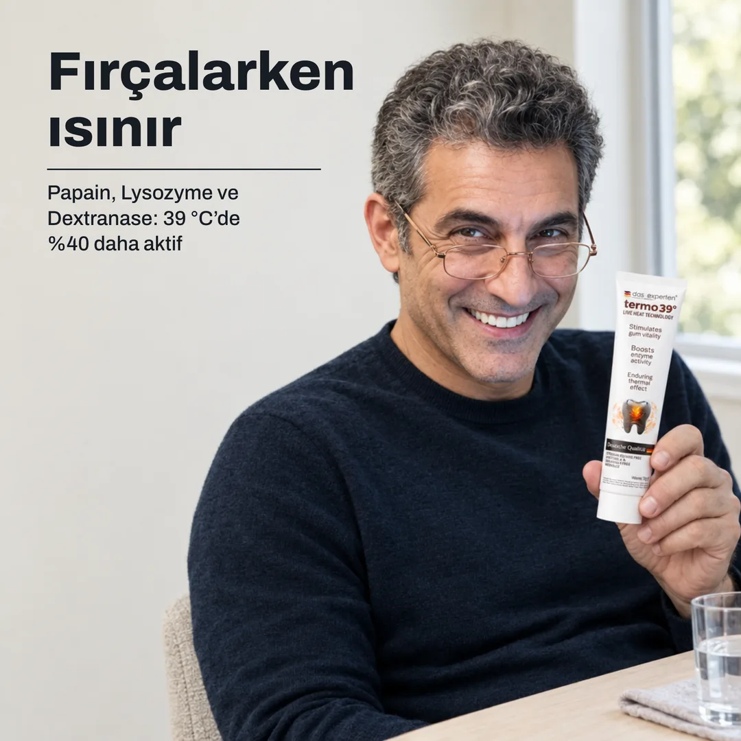 Fırçalarken ısınır — Papain, Lysozyme ve Dextranase: 39 °C’de %40 daha aktif