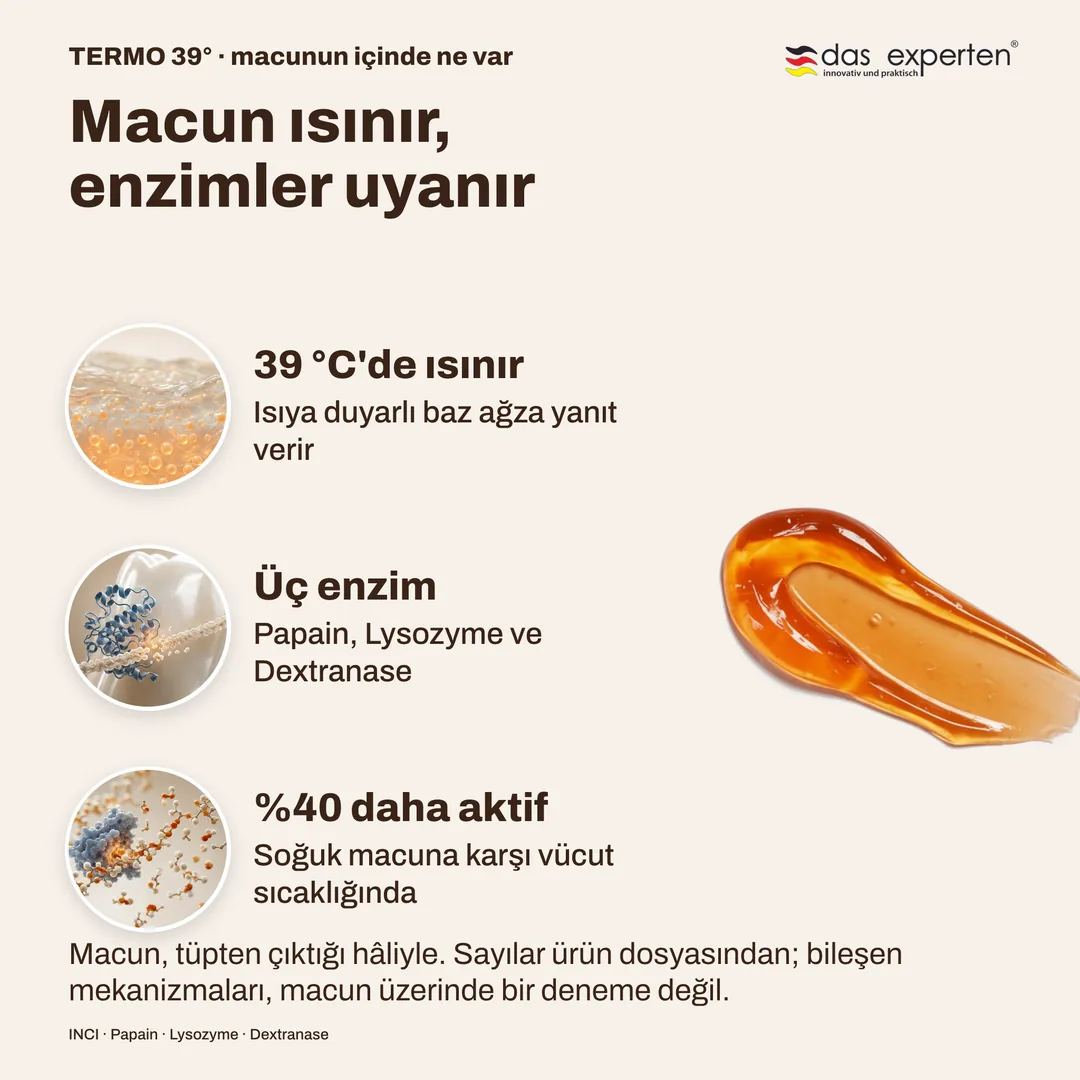 Macun ısınır, enzimler uyanır — 39 °C'de ısınır; Üç enzim; %40 daha aktif