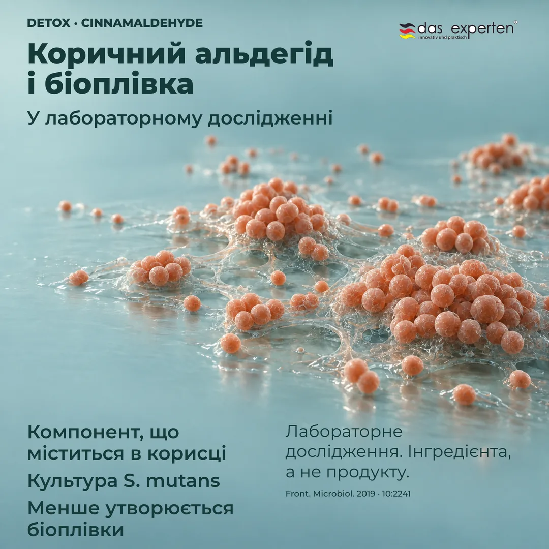 Лабораторна ілюстрація: культура S. mutans і коричний альдегід із кориці, менше утворюється біоплівки
