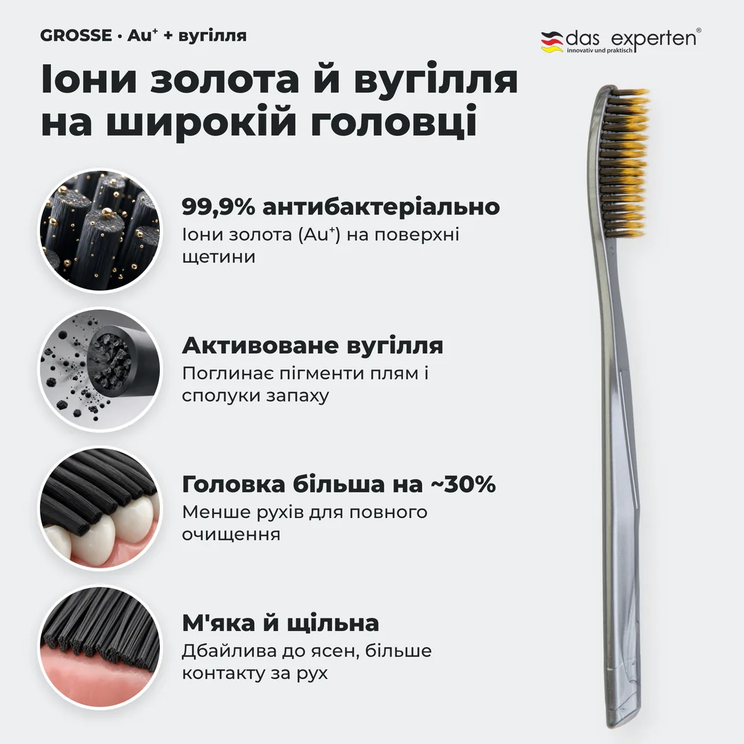 Іони золота й вугілля на широкій головці — 99,9% антибактеріально; Активоване вугілля; Головка більша на ~30%; М'яка й щільна