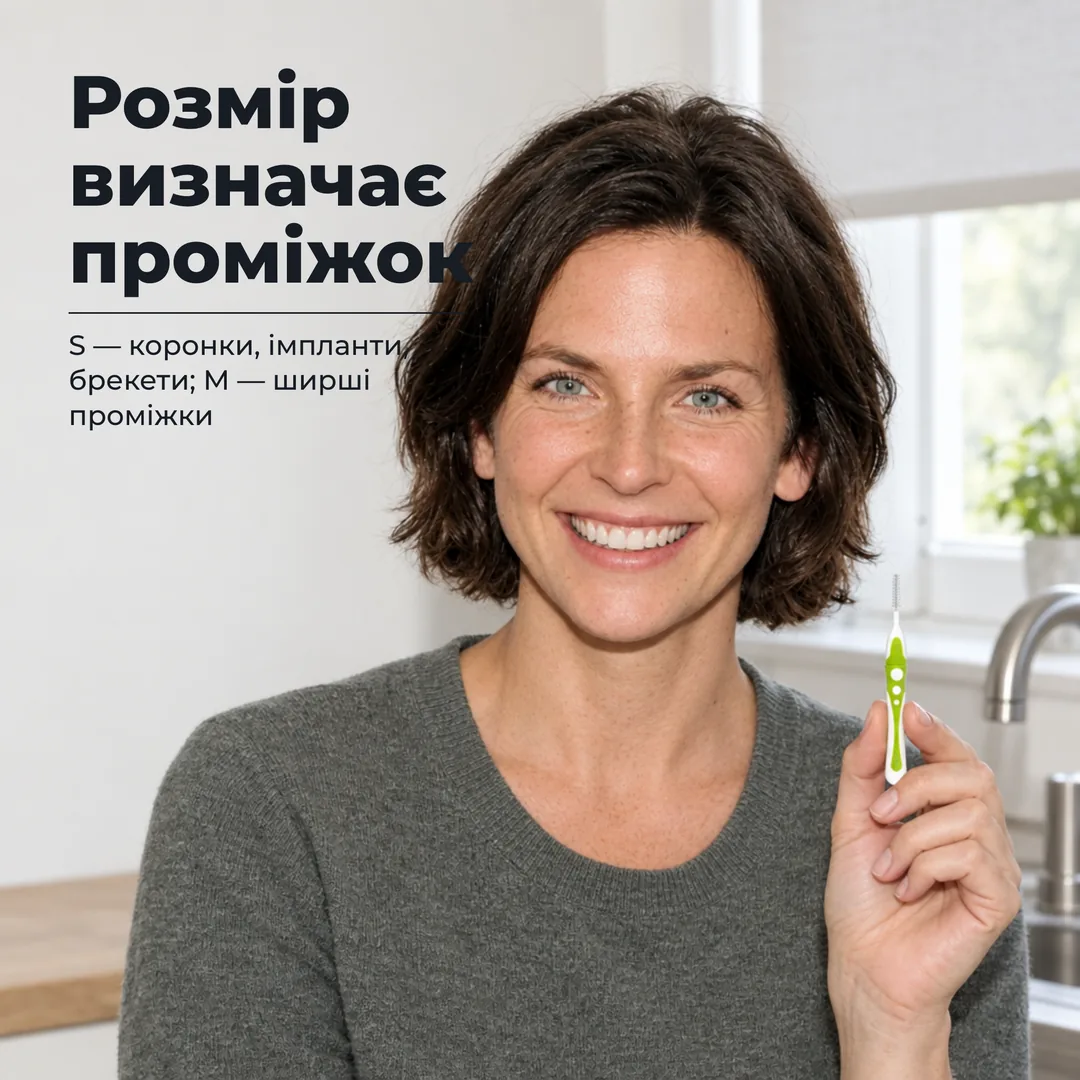 Розмір визначає проміжок — S — коронки, імпланти, брекети; M — ширші проміжки