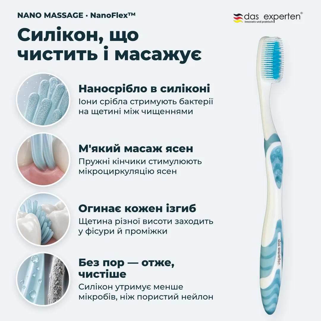 Силікон, що чистить і масажує — Наносрібло в силіконі; М'який масаж ясен; Огинає кожен ізгиб; Без пор — отже, чистіше