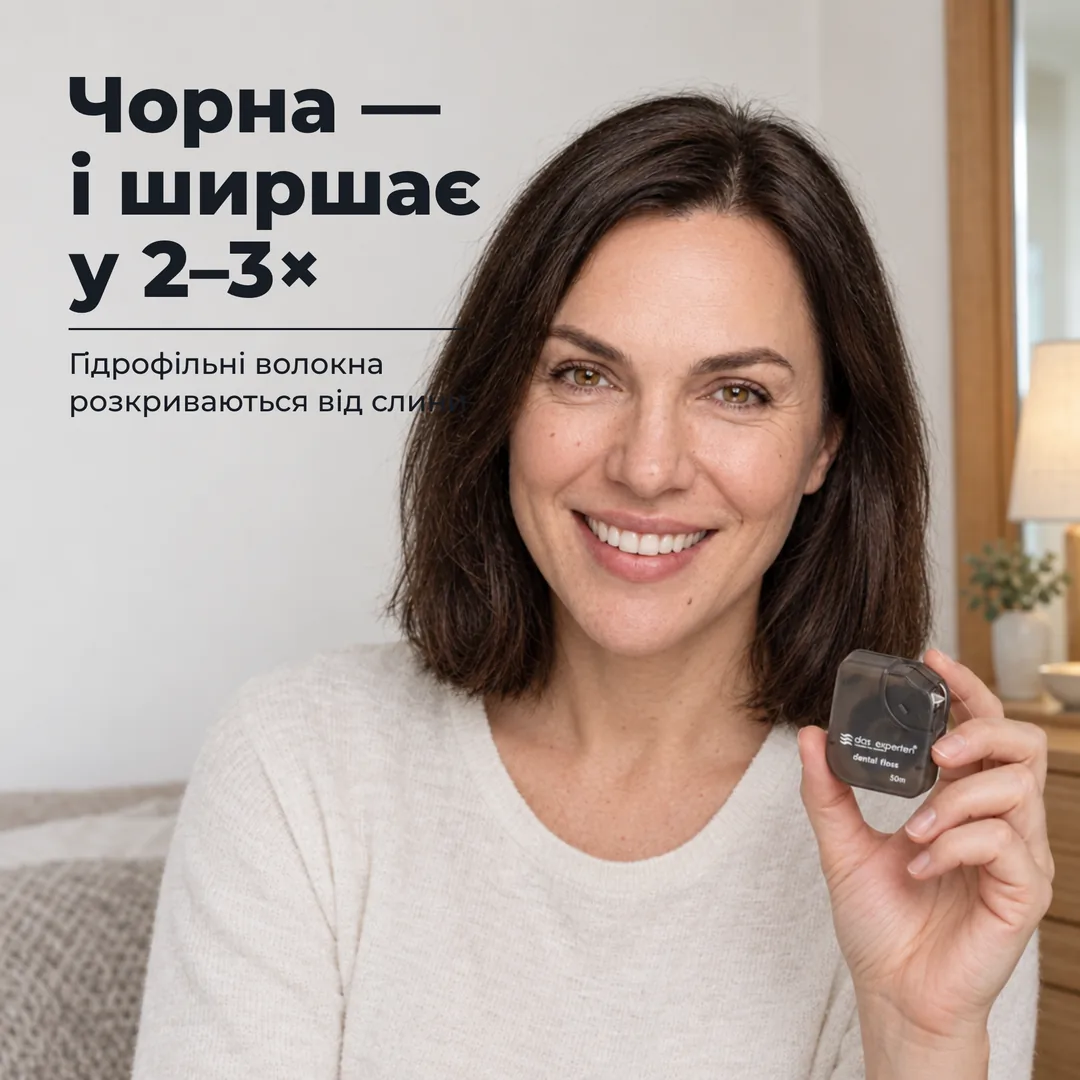 Чорна — і ширшає у 2–3× — Гідрофільні волокна розкриваються від слини
