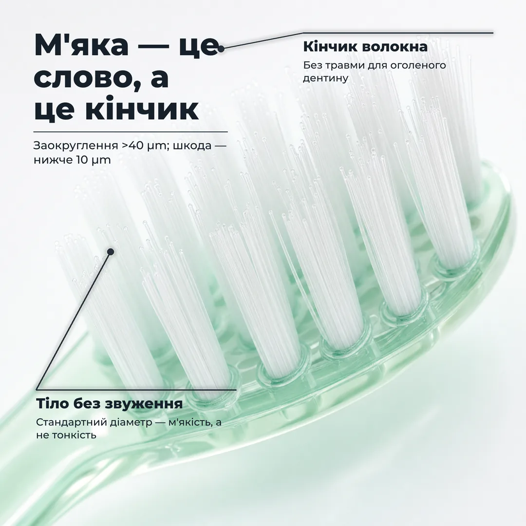 М'яка — це слово, а це кінчик — Заокруглення >40 μm; шкода — нижче 10 μm · Кінчик волокна: Без травми для оголеного дентину · Тіло без звуження: Стандартний діаметр — м'якість, а не тонкість