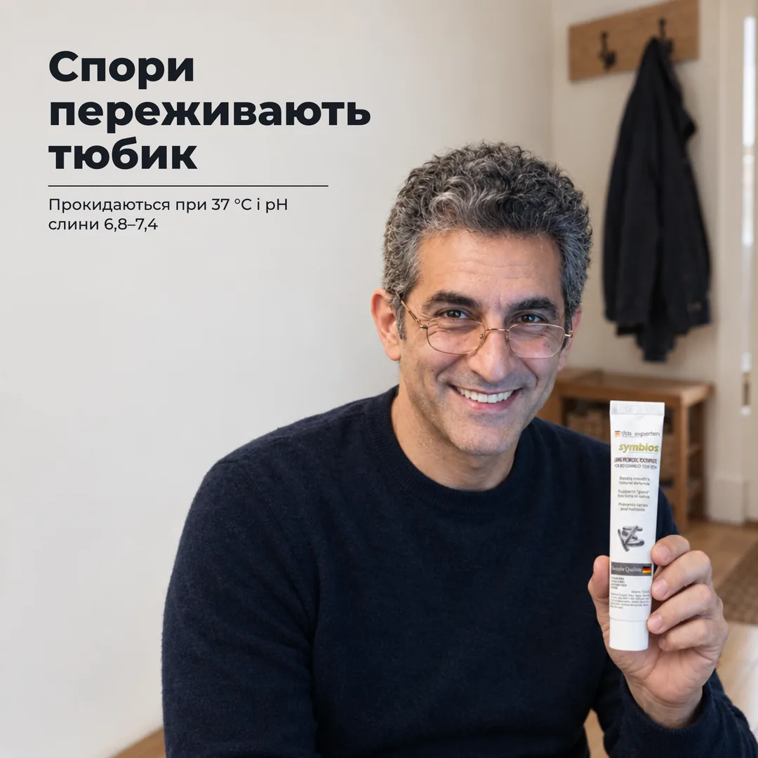 Спори переживають тюбик — Прокидаються при 37 °C і pH слини 6,8–7,4