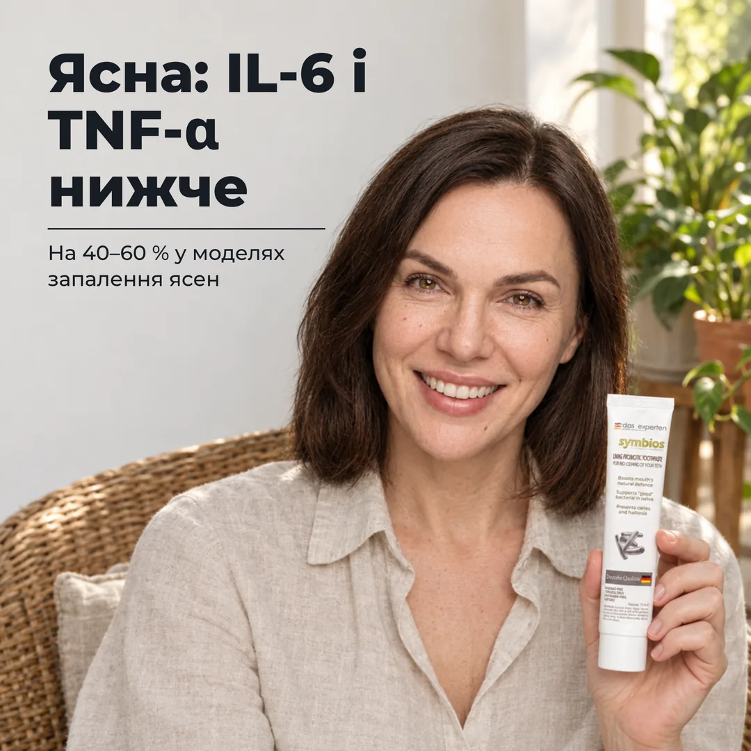 Ясна: IL-6 і TNF-α нижче — На 40–60 % у моделях запалення ясен