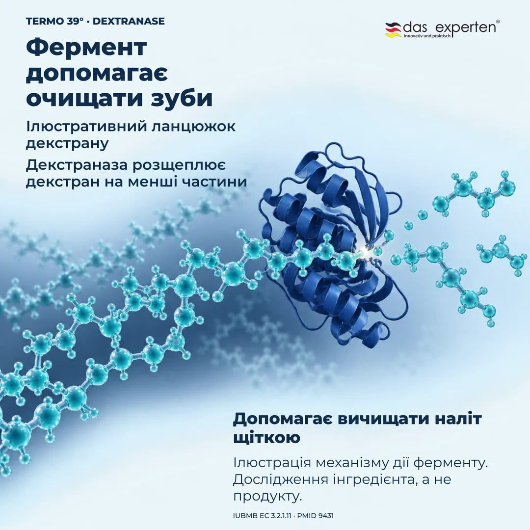 Ілюстрація: декстраназа розщеплює ланцюжок декстрану, фермент допомагає вичищати наліт щіткою
