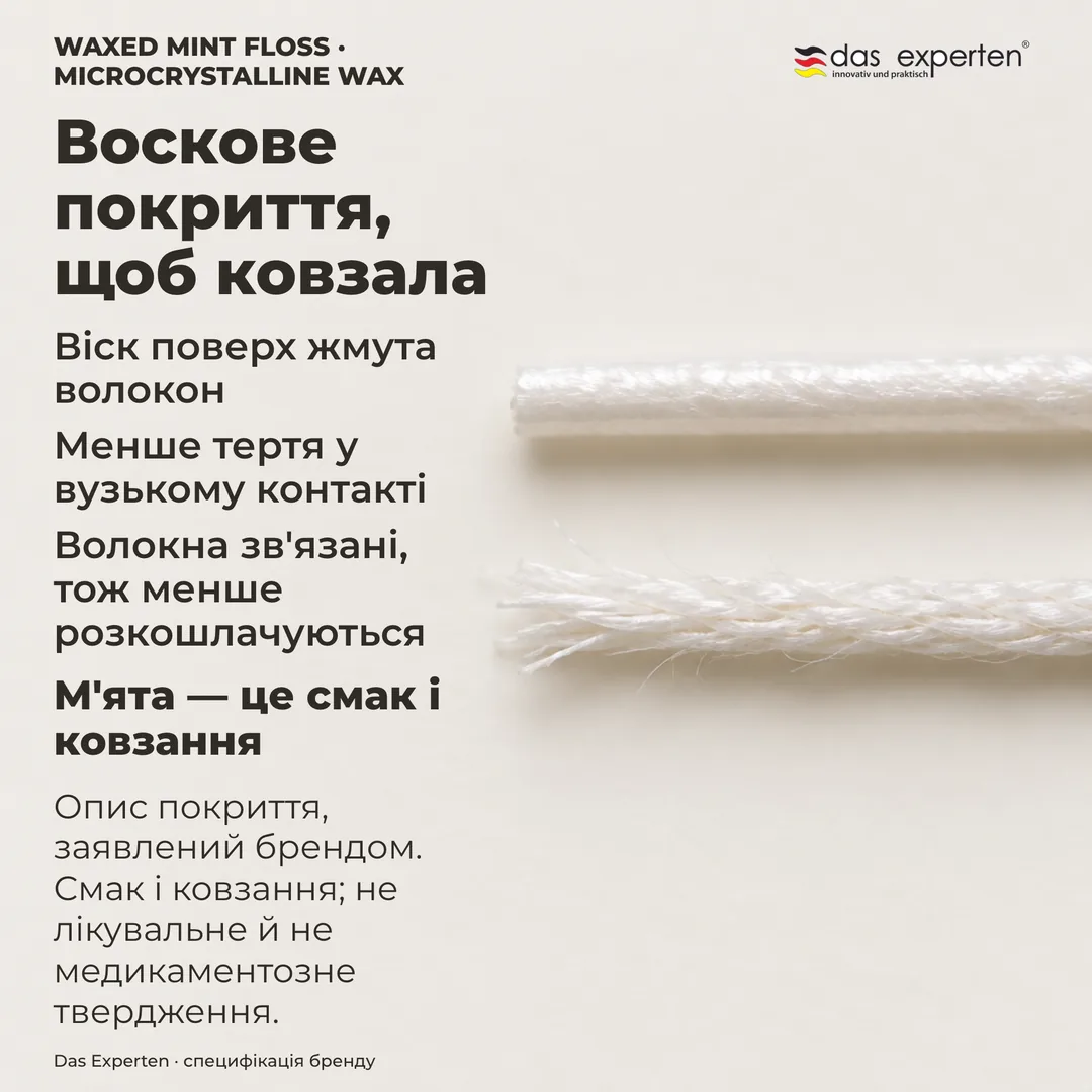 Дослідження матеріалу: збільшена воскована нитка зі суцільним покриттям, поруч невоскований жмут, що розкошлачується