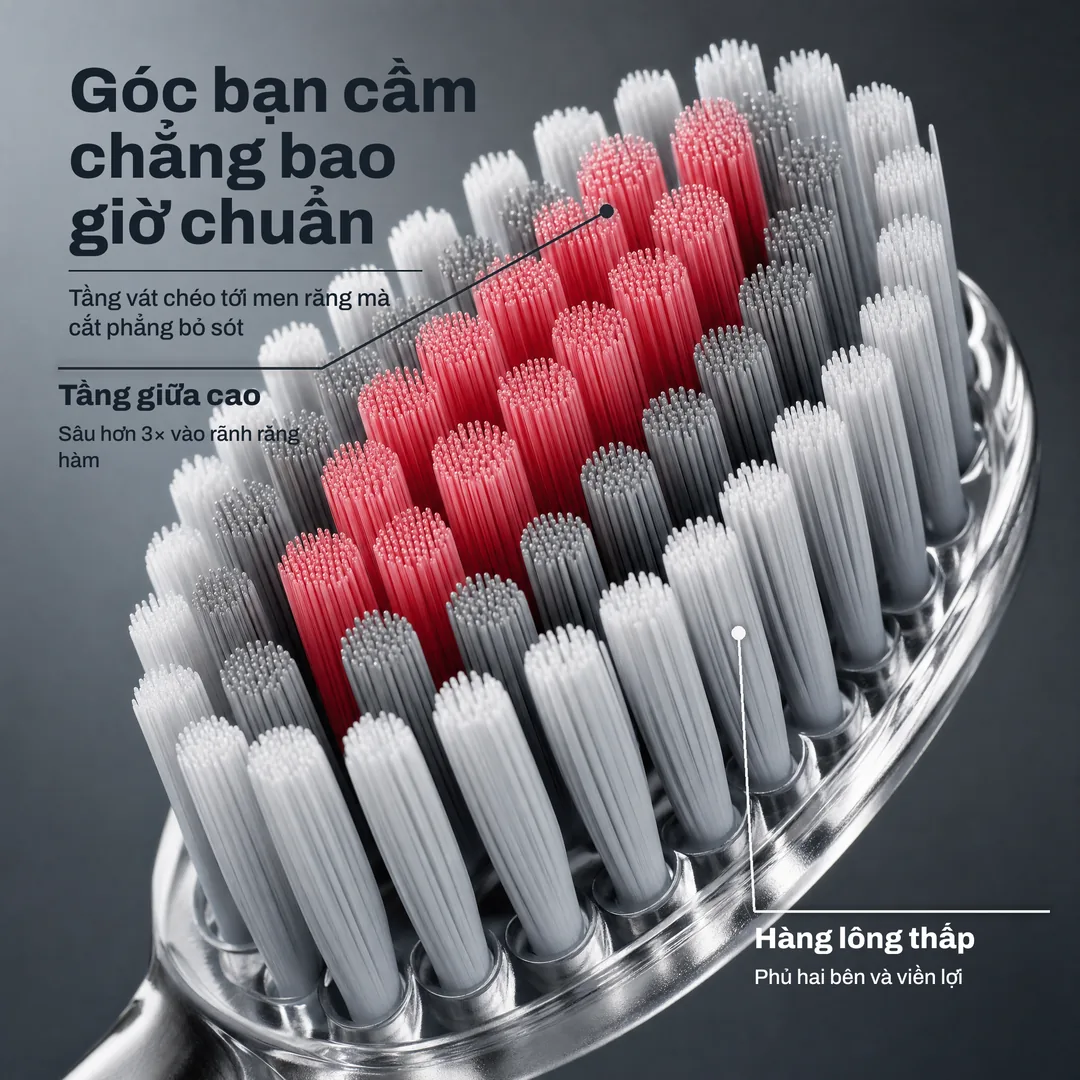 Góc bạn cầm chẳng bao giờ chuẩn — Tầng vát chéo tới men răng mà cắt phẳng bỏ sót · Tầng giữa cao: Sâu hơn 3× vào rãnh răng hàm · Hàng lông thấp: Phủ hai bên và viền lợi