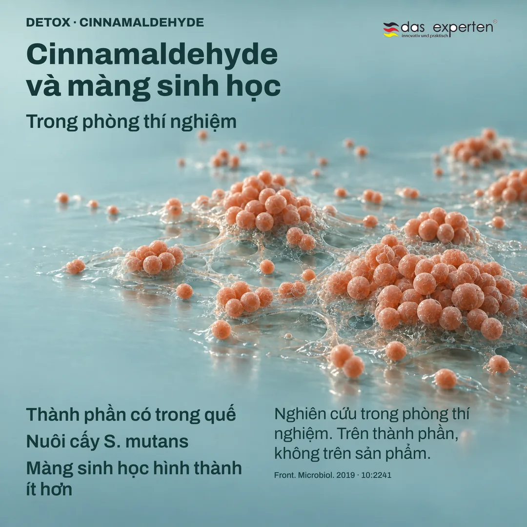 Minh họa nuôi cấy S. mutans hình thành ít màng sinh học hơn với cinnamaldehyde, thành phần có trong quế, trong phòng thí nghiệm