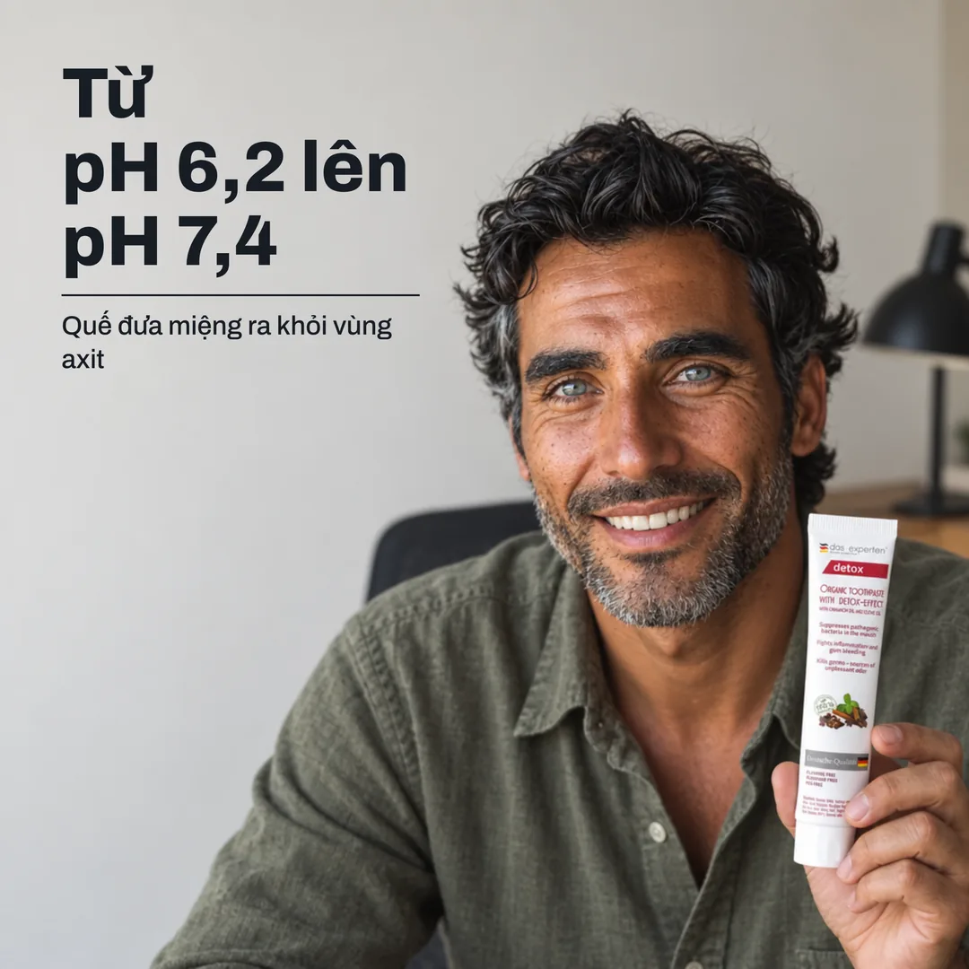 Từ pH 6,2 lên pH 7,4 — Quế đưa miệng ra khỏi vùng axit