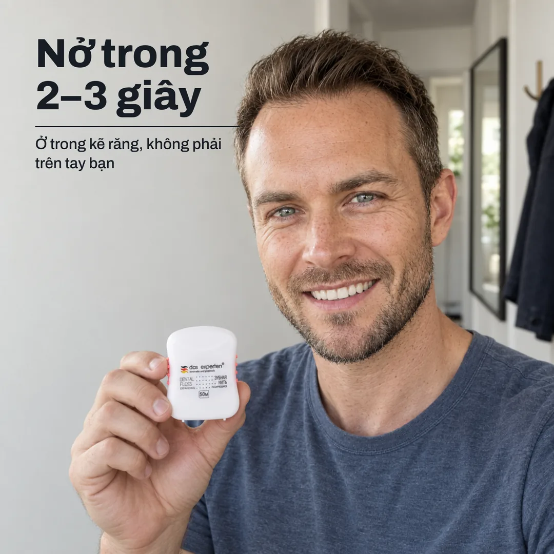 Nở trong 2–3 giây — Ở trong kẽ răng, không phải trên tay bạn