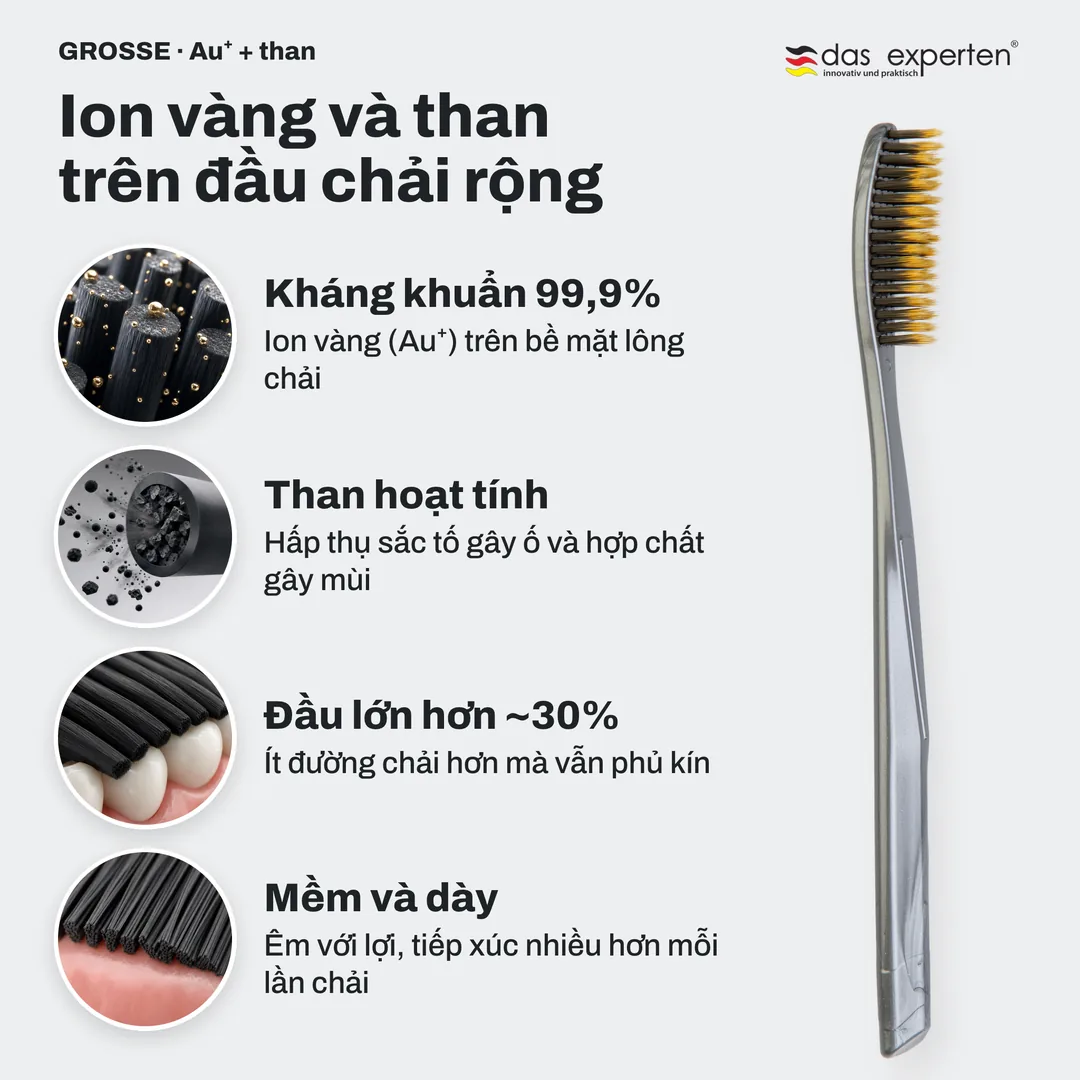 Ion vàng và than trên đầu chải rộng — Kháng khuẩn 99,9%; Than hoạt tính; Đầu lớn hơn ~30%; Mềm và dày