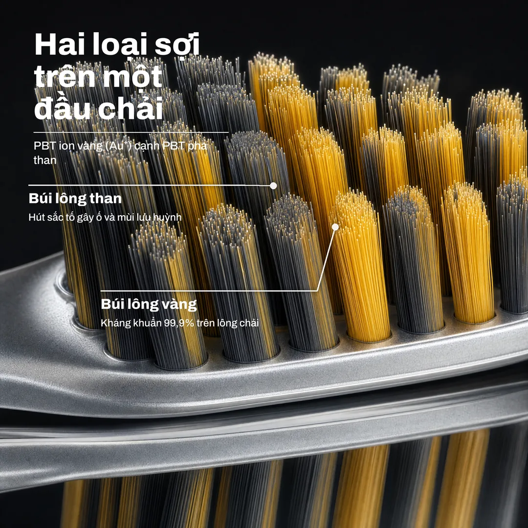 Hai loại sợi trên một đầu chải — PBT ion vàng (Au⁺) cạnh PBT pha than · Búi lông vàng: Kháng khuẩn 99,9% trên lông chải · Búi lông than: Hút sắc tố gây ố và mùi lưu huỳnh