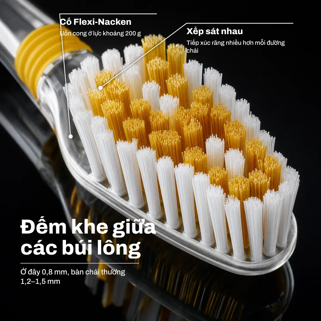 Đếm khe giữa các búi lông — Ở đây 0,8 mm, bàn chải thường 1,2–1,5 mm · Xếp sát nhau: Tiếp xúc răng nhiều hơn mỗi đường chải · Cổ Flexi-Nacken: Uốn cong ở lực khoảng 200 g