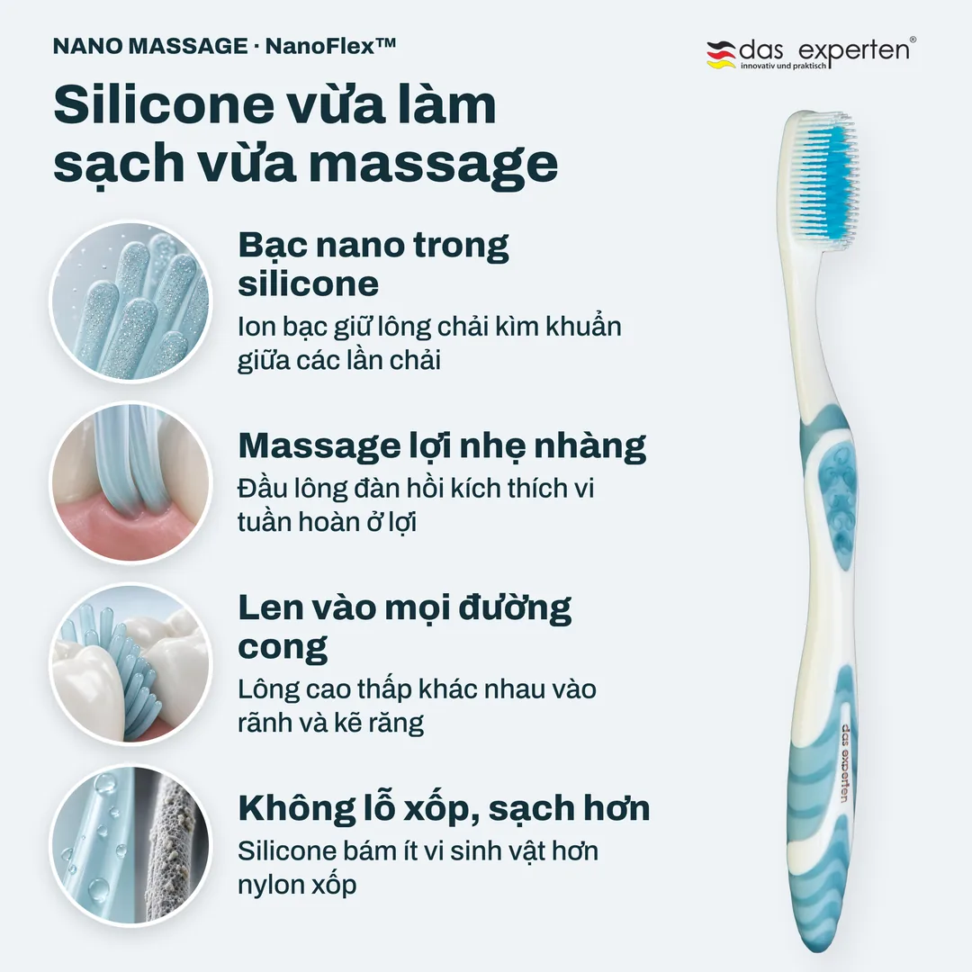 Silicone vừa làm sạch vừa massage — Bạc nano trong silicone; Massage lợi nhẹ nhàng; Len vào mọi đường cong; Không lỗ xốp, sạch hơn