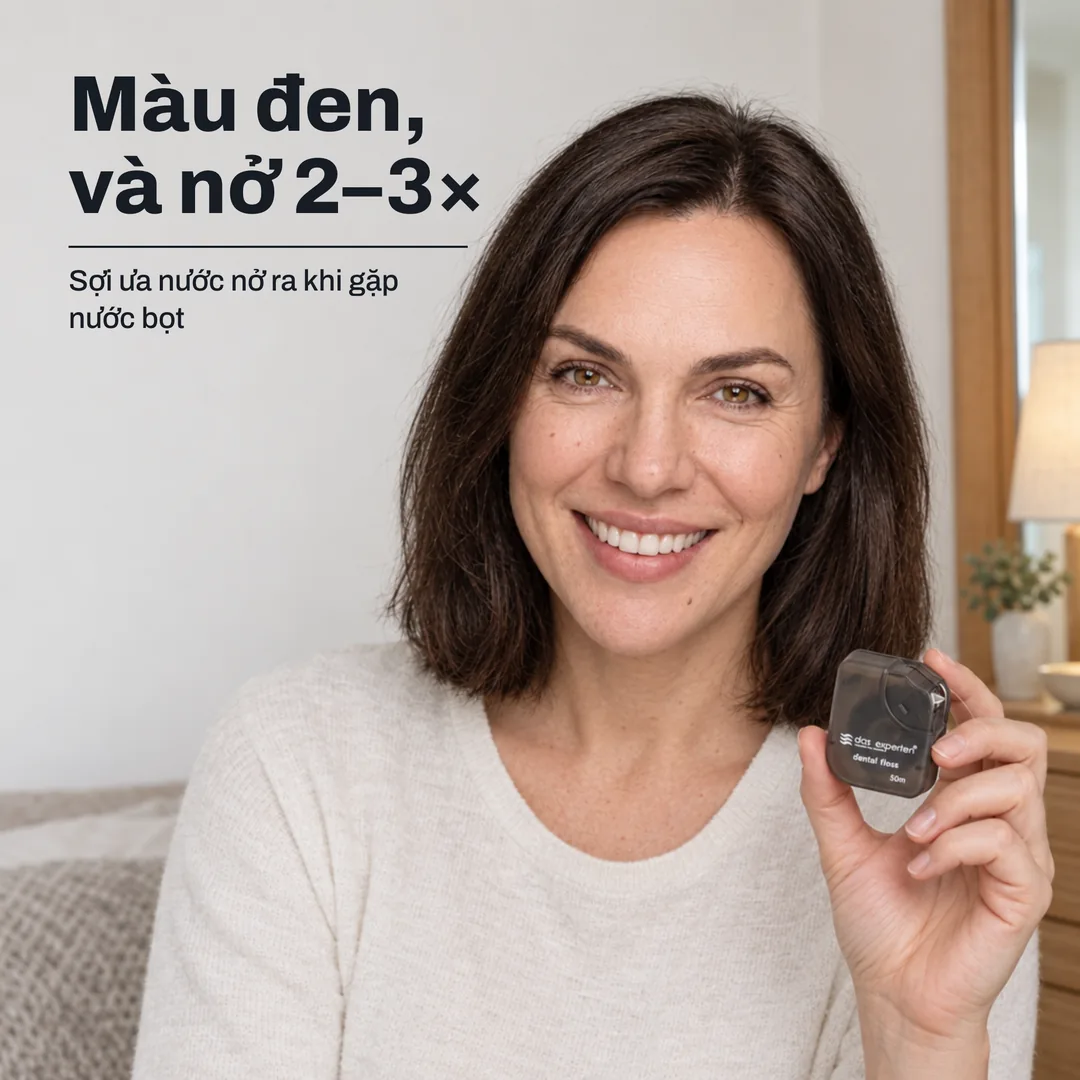 Màu đen, và nở 2–3× — Sợi ưa nước nở ra khi gặp nước bọt