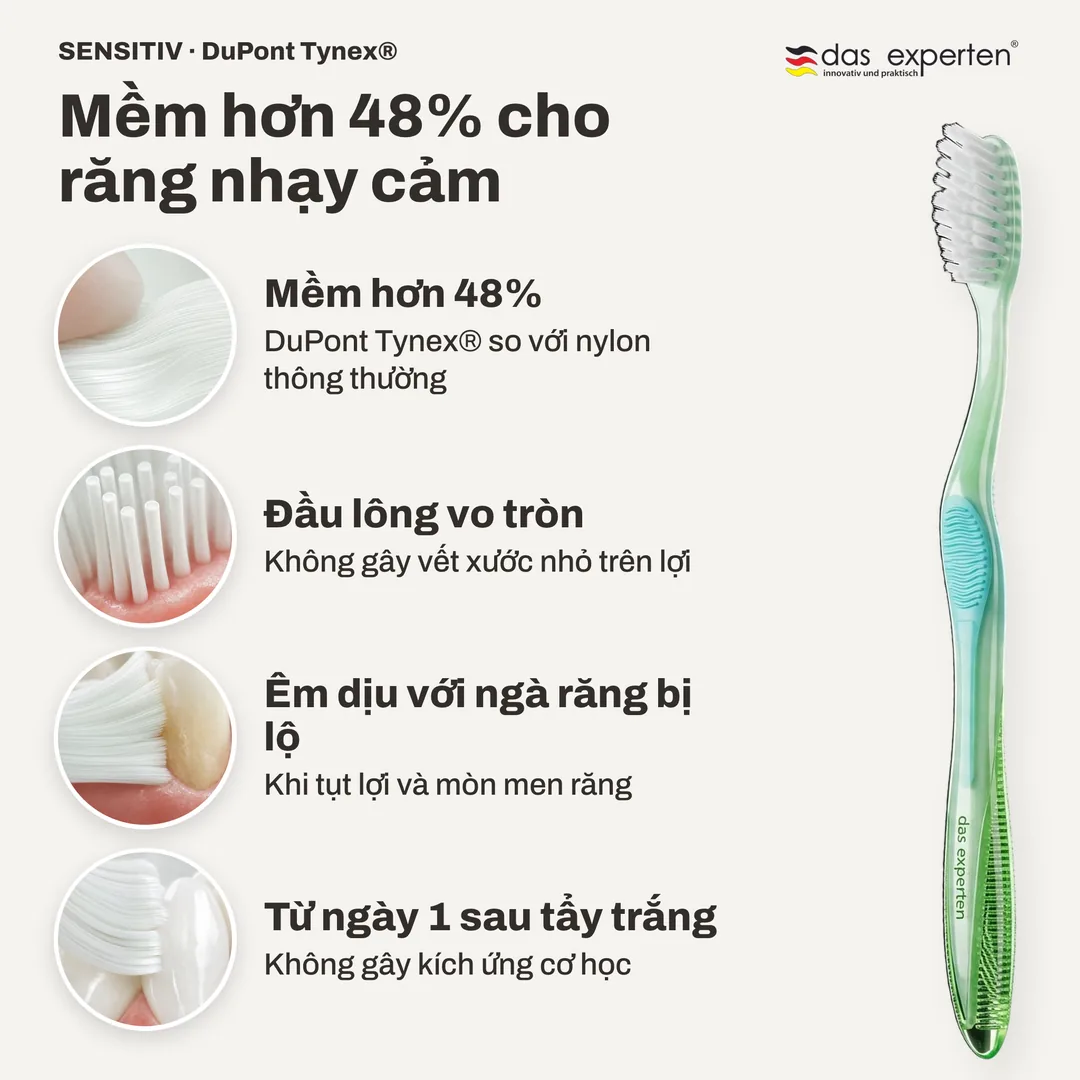 Mềm hơn 48% cho răng nhạy cảm — Mềm hơn 48%; Đầu lông vo tròn; Êm dịu với ngà răng bị lộ; Từ ngày 1 sau tẩy trắng
