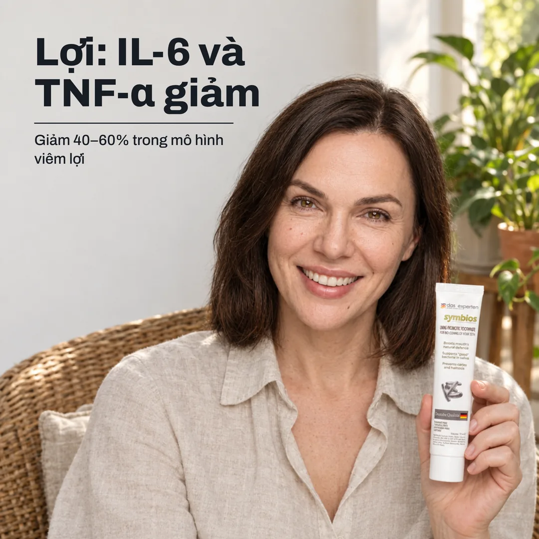 Lợi: IL-6 và TNF-α giảm — Giảm 40–60% trong mô hình viêm lợi