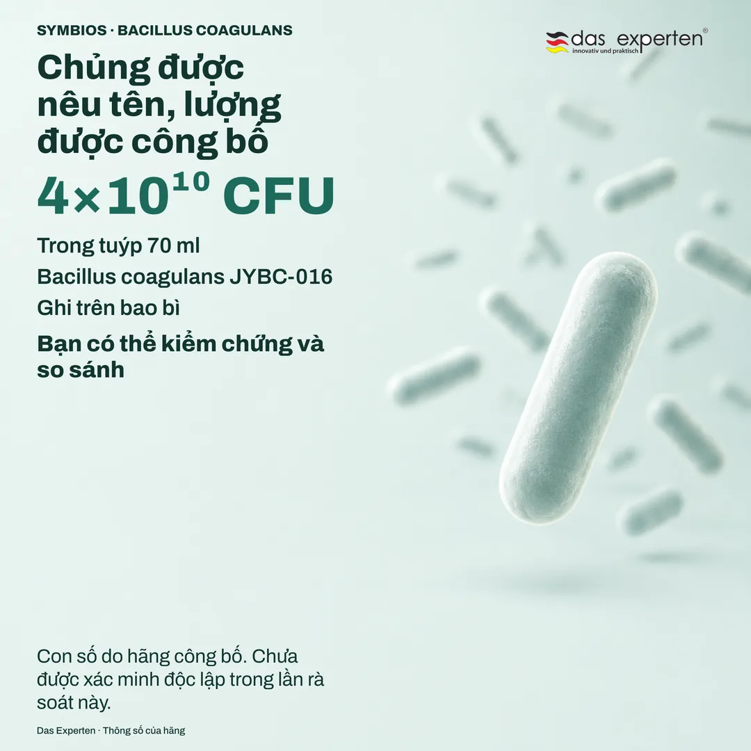 Hình minh họa bảng thông số với 4×10¹⁰ CFU trong tuýp 70 ml và chủng Bacillus coagulans JYBC-016, theo công bố của hãng
