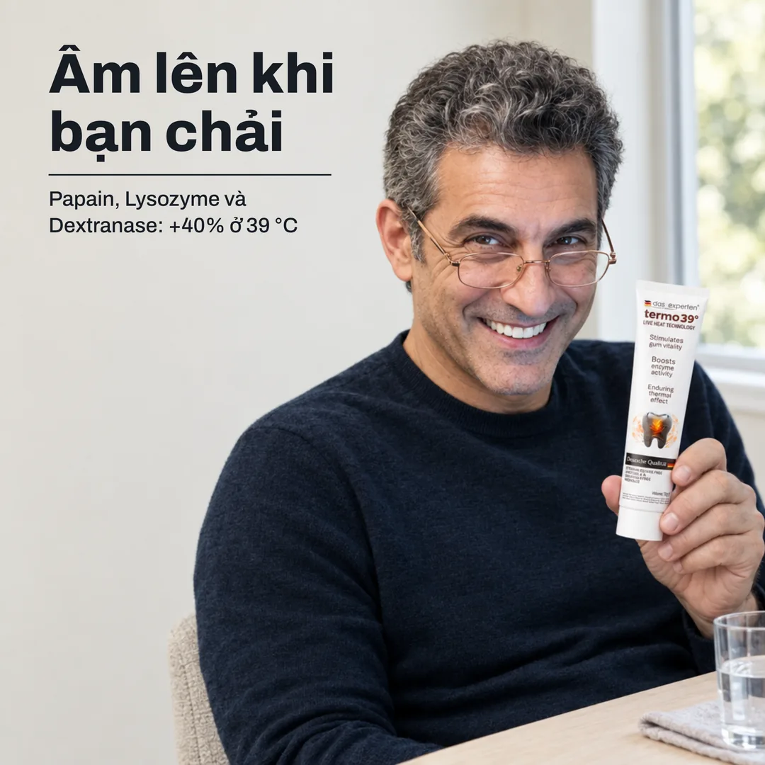 Ấm lên khi bạn chải — Papain, Lysozyme và Dextranase: +40% ở 39 °C