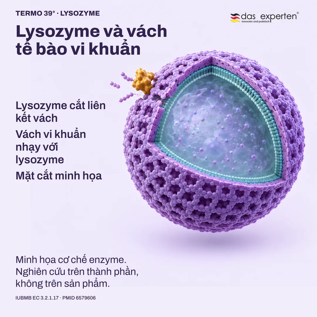 Mặt cắt minh họa: lysozyme cắt liên kết trong vách tế bào vi khuẩn nhạy với lysozyme