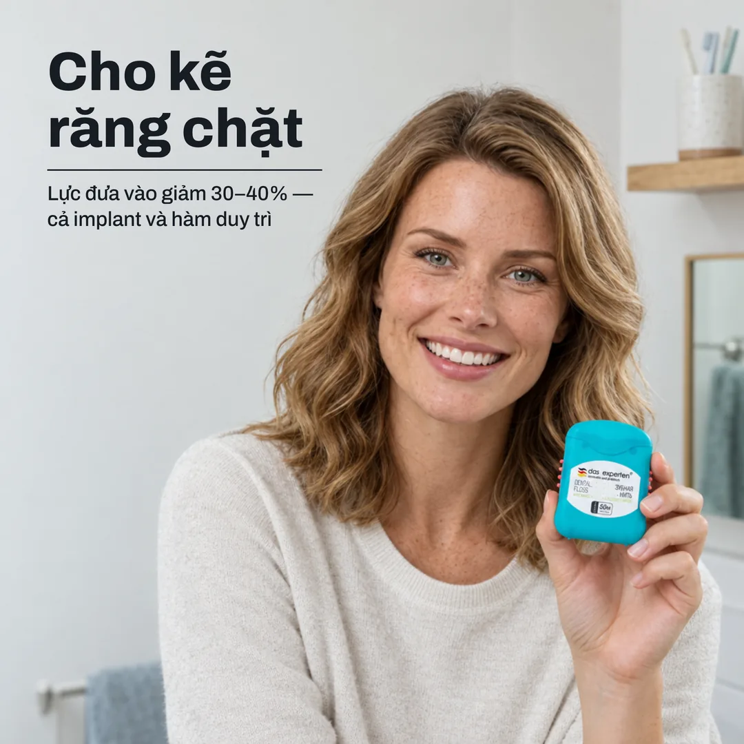Cho kẽ răng chặt — Lực đưa vào giảm 30–40% — cả implant và hàm duy trì