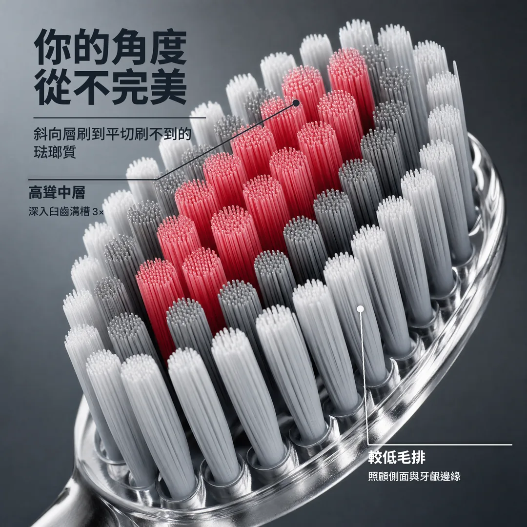 你的角度從不完美 — 斜向層刷到平切刷不到的琺瑯質 · 高聳中層: 深入臼齒溝槽 3× · 較低毛排: 照顧側面與牙齦邊緣