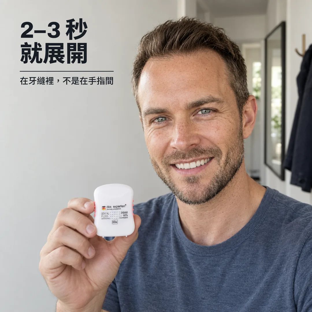 2–3 秒就展開 — 在牙縫裡,不是在手指間