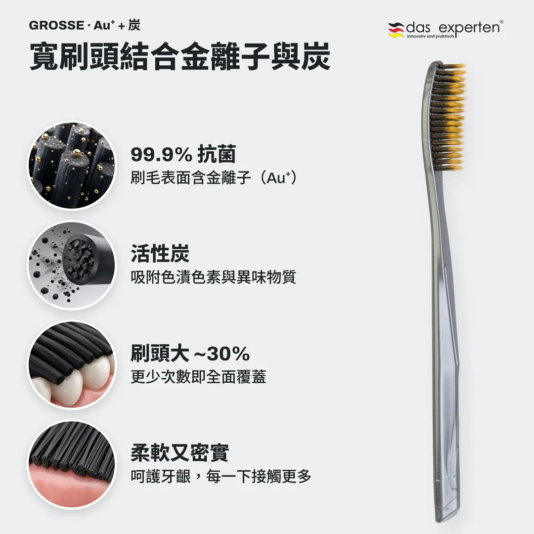寬刷頭結合金離子與炭 — 99.9% 抗菌; 活性炭; 刷頭大 ~30%; 柔軟又密實