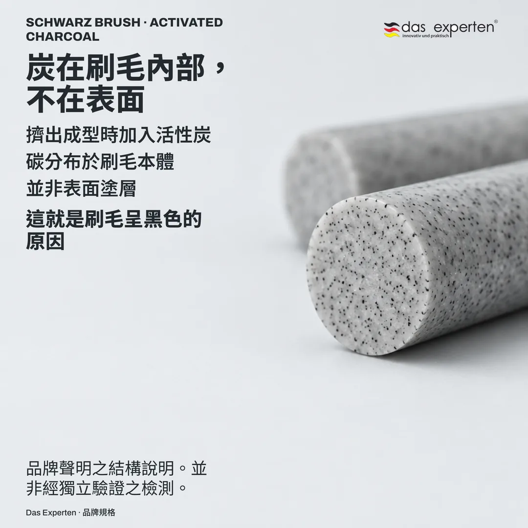 刷毛橫截面示意圖:炭分布於聚合物本體之中,而非覆蓋於表面