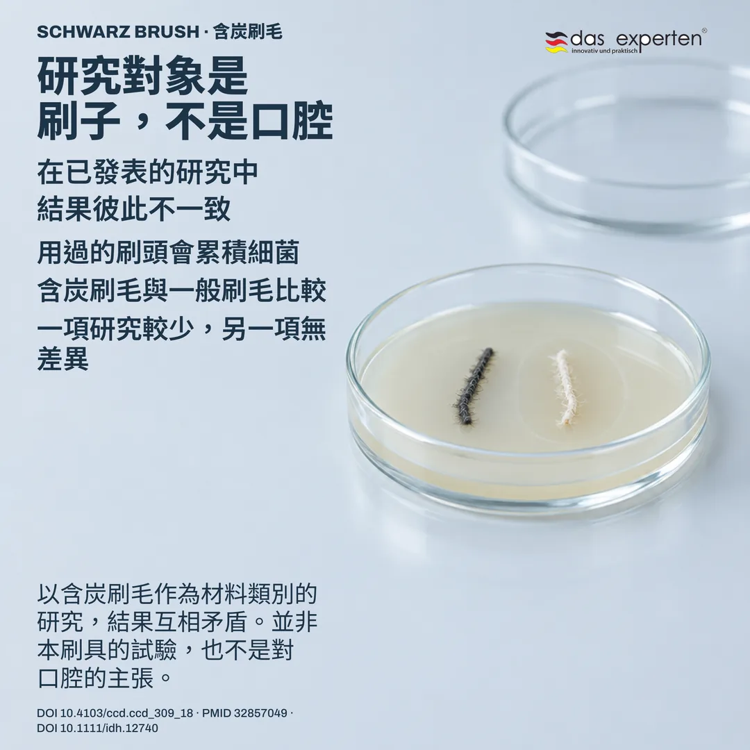 實驗室比較示意:培養皿上兩份刷毛樣本,其中一份周圍有量測區帶,研究對象為用過的刷子