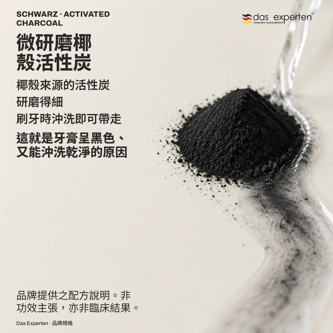 示意圖:微研磨椰殼活性炭粉隨沖洗水流散去,為品牌提供之配方說明