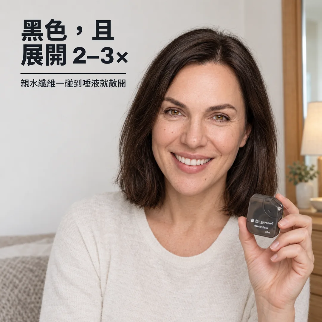 黑色,且展開 2–3× — 親水纖維一碰到唾液就散開