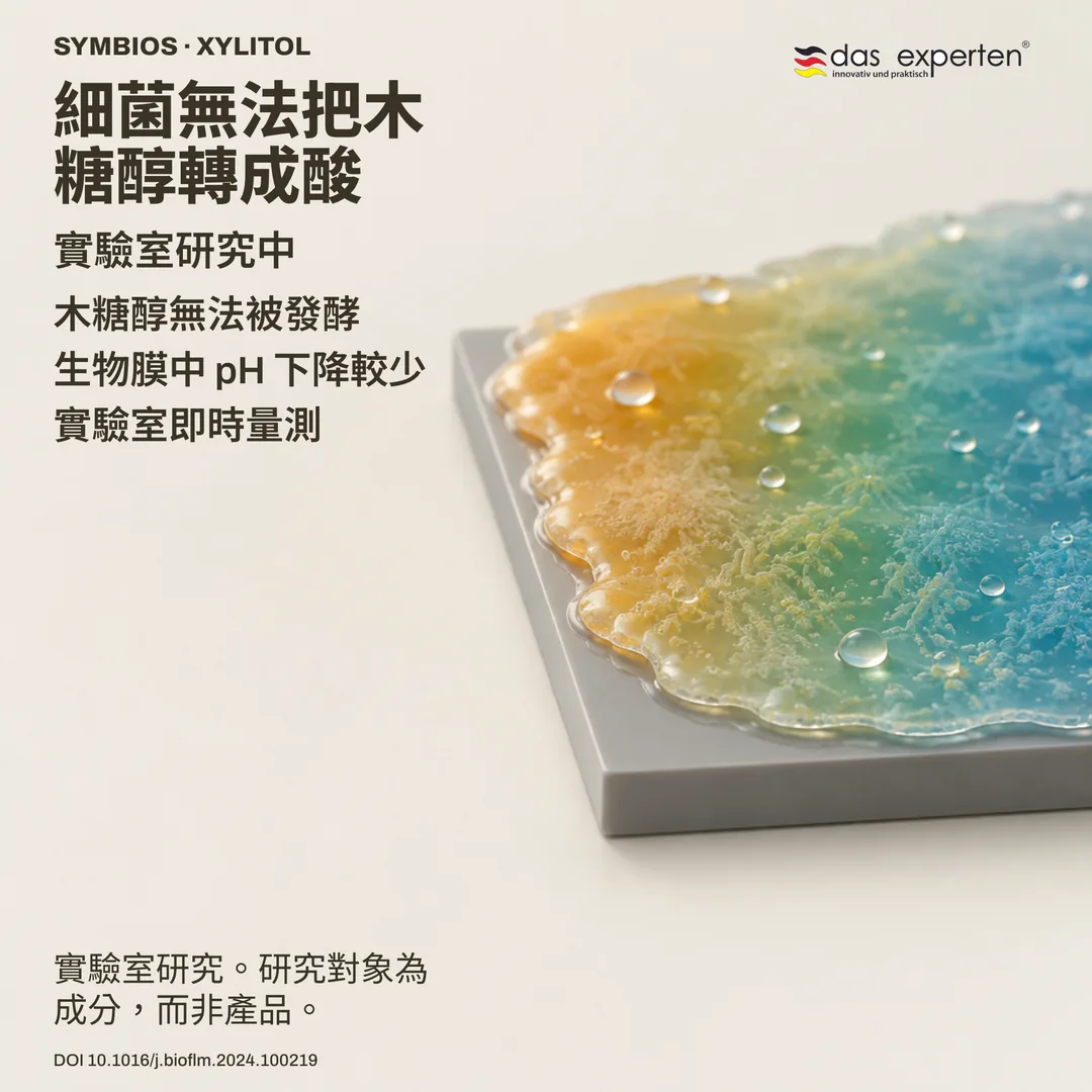 示意圖:一般表面上的生物膜,有木糖醇時 pH 下降較少,屬實驗室量測