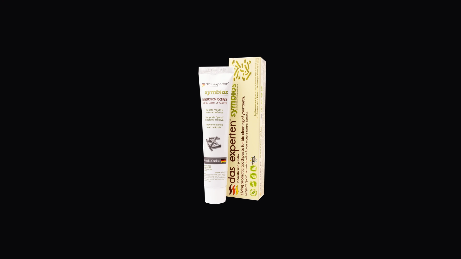 Dentifrice probiotique Das Experten SYMBIOS tube et boîte — couverture science microbiote oral